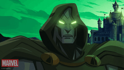 A Cartoon Of Doctor Doom With A Castle In The Background GIF
