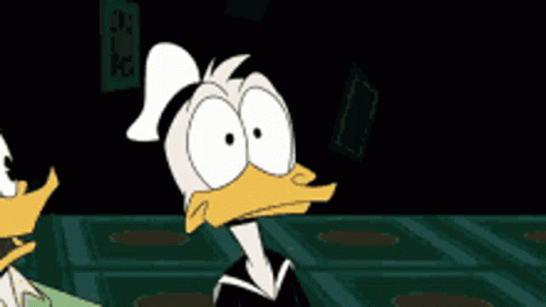 A Cartoon Of Donald Duck And Daffy Duck Standing In A Dark Room GIF