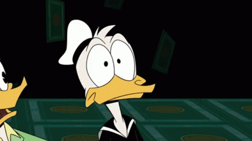A Cartoon Of Donald Duck And Daffy Duck Standing Next To Each Other In A Dark Room GIF