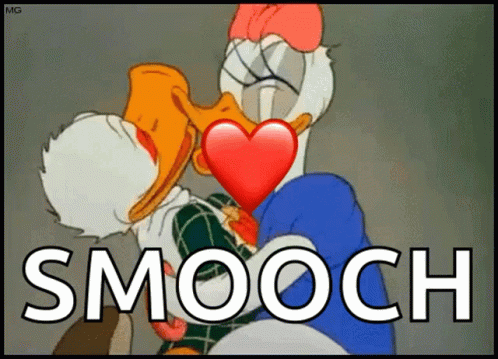 A Cartoon Of Donald Duck And Daisy Duck Kissing With The Words Smooch Written Below Them GIF