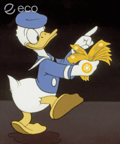 A Cartoon Of Donald Duck Holding A Bunch Of Money And Pointing GIF