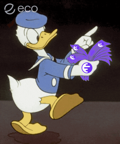 A Cartoon Of Donald Duck Holding A Fan Of Money GIF
