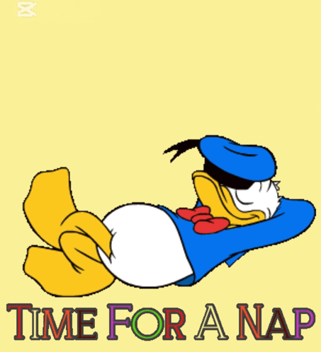 A Cartoon Of Donald Duck Laying Down With The Words Time For A Nap Above Him GIF