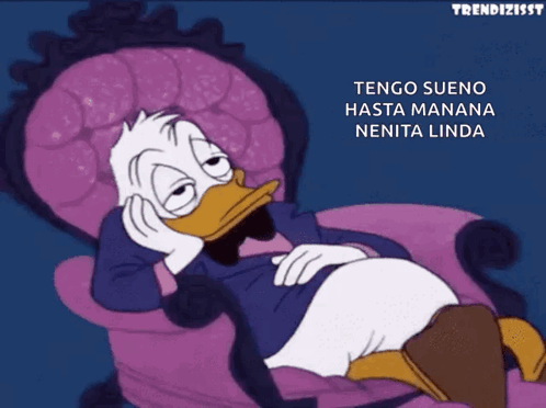 A Cartoon Of Donald Duck Laying In A Chair With The Words " Tengo Sueno Hasta Manana Nenita Linda " GIF