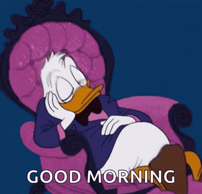 A Cartoon Of Donald Duck Laying In A Pink Chair With The Words Good Morning Written Below Him GIF