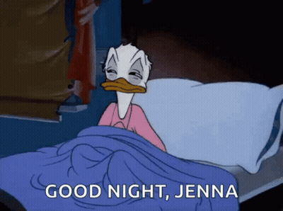 A Cartoon Of Donald Duck Laying In Bed With The Words Good Night Jenna Above Him GIF