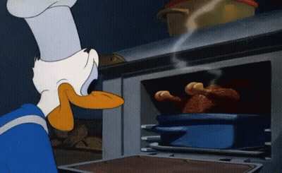 A Cartoon Of Donald Duck Looking At A Pot Of Food In An Oven GIF