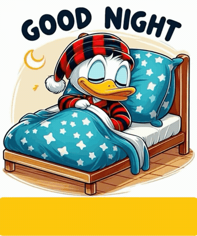 A Cartoon Of Donald Duck Sleeping In A Bed With The Words Good Night Written Below Him GIF