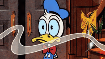 A Cartoon Of Donald Duck Standing In Front Of A Wooden Door GIF