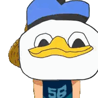 A Cartoon Of Donald Duck Wearing A Blue Hat And A Number 58 Shirt Sticker