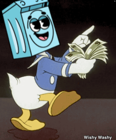 A Cartoon Of Donald Duck With A Washing Machine On His Head Holding A Bunch Of Money GIF