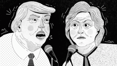 A Cartoon Of Donald Trump And Hillary Clinton Talking Into Microphones GIF