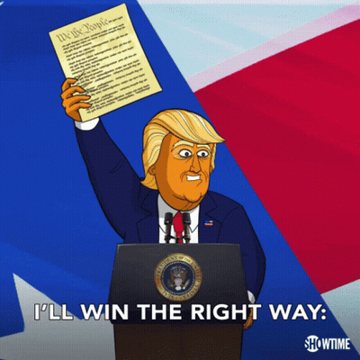 A Cartoon Of Donald Trump Holding Up A Piece Of Paper With The Words " I 'Ll Win The Right Way " Below Him GIF