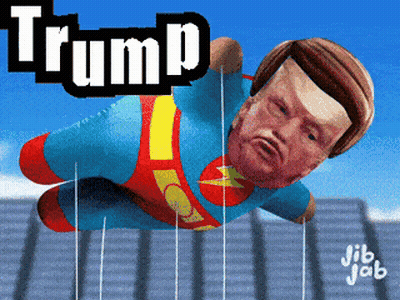 A Cartoon Of Donald Trump In A Superhero Outfit GIF