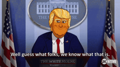 A Cartoon Of Donald Trump Is Giving A Speech At The White House GIF