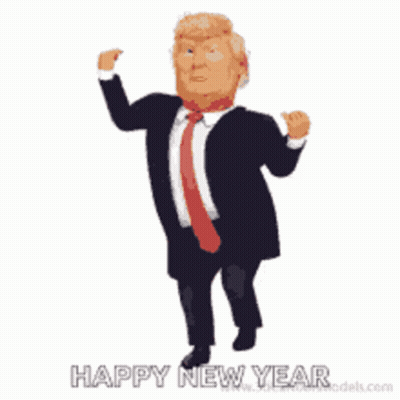 A Cartoon Of Donald Trump Running With The Words Happy New Year Written On The Bottom GIF