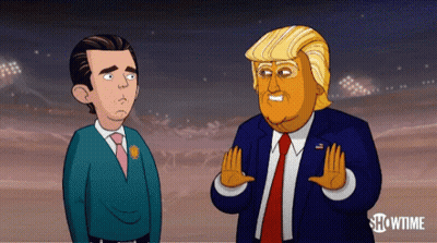 A Cartoon Of Donald Trump Talking To Another Man With Showtime Written On The Bottom Right GIF