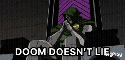 A Cartoon Of Doom Sitting On A Throne With The Words Doom Does N't Lie GIF