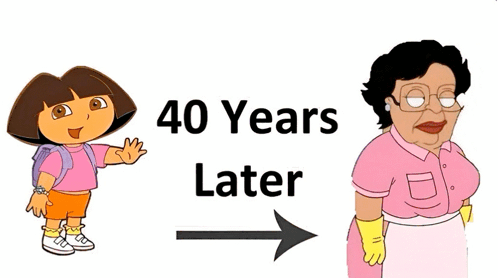 A Cartoon Of Dora And A Cartoon Of A Woman With The Words 40 Years Later On The Bottom GIF