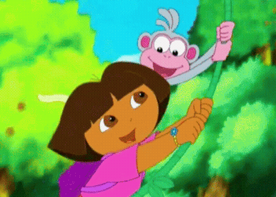 A Cartoon Of Dora And A Monkey Hanging From A Tree GIF