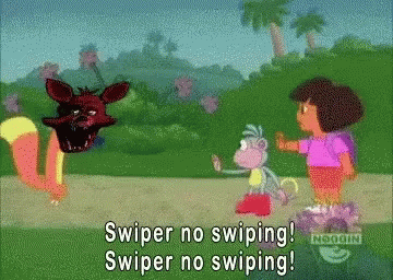 A Cartoon Of Dora And A Monkey Saying " Swiper No Swiping " GIF