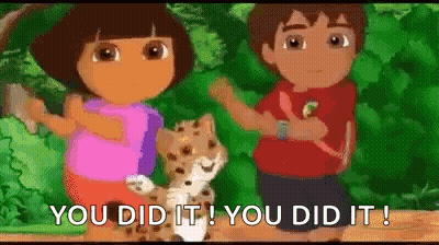 A Cartoon Of Dora And Diego Standing Next To A Leopard And Saying `` You Did It ! '' GIF