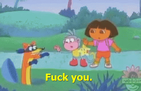A Cartoon Of Dora Standing Next To A Monkey And A Raccoon Says " Fuck You " GIF