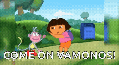 A Cartoon Of Dora Talking To A Monkey With The Words Come On Vamonos GIF