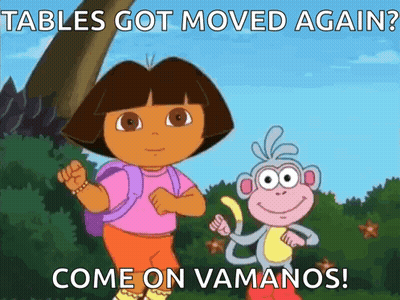 A Cartoon Of Dora The Explorer And A Monkey That Says Tables Got Moved Again Come On Vamanos GIF