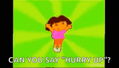 A Cartoon Of Dora The Explorer Dancing With The Words Can You Say " Hurry Up " Below Her GIF