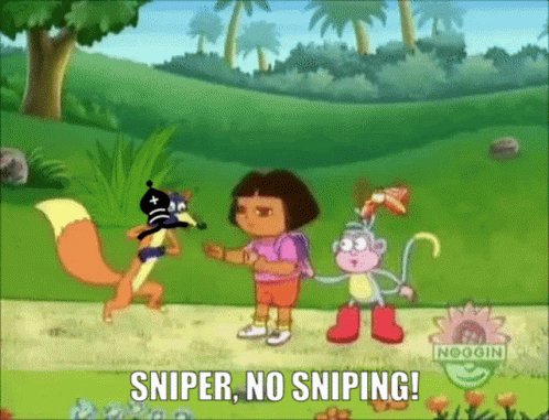 A Cartoon Of Dora The Explorer Standing Next To A Fox And A Monkey With The Words Sniper No Sniping Below Them GIF
