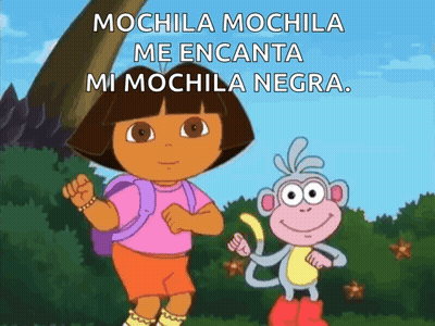 A Cartoon Of Dora The Explorer Standing Next To A Monkey With The Words Mochila Mochila Me Encanta Mi Mochila Negra GIF