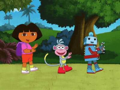 A Cartoon Of Dora The Explorer Standing Next To A Robot And A Monkey GIF
