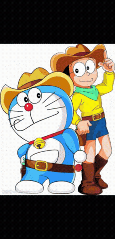 A Cartoon Of Doraemon And Nobita Wearing Cowboy Hats And Boots GIF