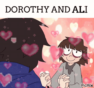 A Cartoon Of Dorothy And Ali With Hearts Around Them GIF