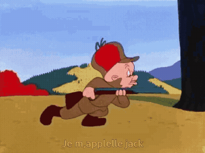 A Cartoon Of Earl The Rabbit Holding A Rifle With The Words Je M.applelle Jack Below Him GIF