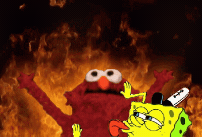 A Cartoon Of Elmo And Spongebob In Front Of A Fire Background GIF
