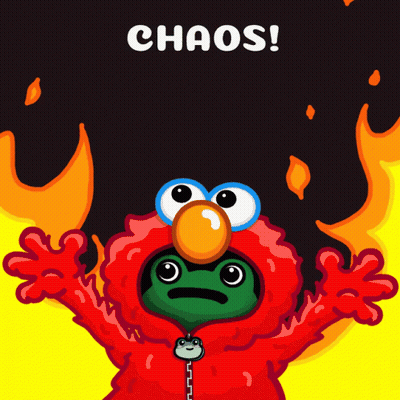 A Cartoon Of Elmo With A Frog On His Head And The Words Chaos Written Above Him GIF