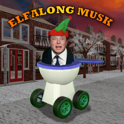 A Cartoon Of Elon Musk In A Stroller With Elf Along Musk Written Above Him GIF