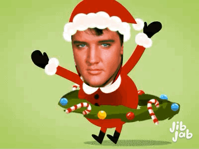 A Cartoon Of Elvis Presley Dressed As Santa Claus Holding A Christmas Wreath And Candy Canes . GIF