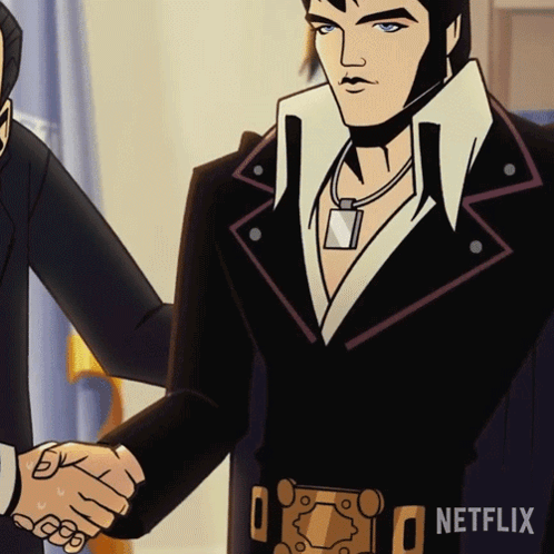 Cartoon Elvis Presley Shaking Hands With Man With Netflix Belt GIF