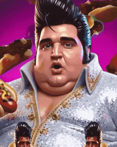 A Cartoon Of Elvis Presley Surrounded By Food GIF