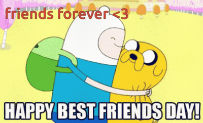 A Cartoon Of Finn And Jake Hugging With The Words " Friends Forever < 3 Happy Best Friends Day " Below Them GIF