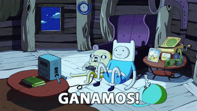 A Cartoon Of Finn And Jake Playing A Video Game With The Words Ganamos Below Them GIF