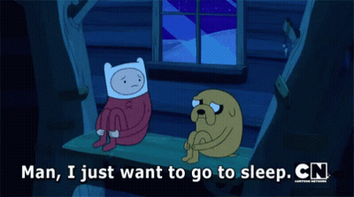 A Cartoon Of Finn And Jake Sitting On A Bench With The Words Man I Just Want To Go To Sleep GIF