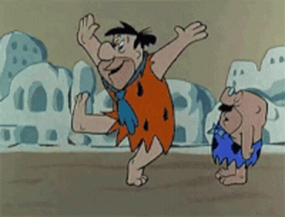A Cartoon Of Flintstone And A Caveman Dancing Together GIF
