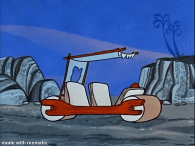 A Cartoon Of Flintstone Driving A Car With The Caption Made With Mematic GIF