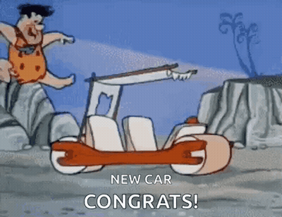 A Cartoon Of Flintstone Driving A Car With The Words `` New Car Congrats ! '' GIF