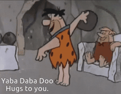 A Cartoon Of Flintstone Holding A Rock With The Words " Yaba Dada Doo Hugs To You " On The Bottom GIF