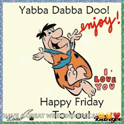 A Cartoon Of Flintstone Is Flying In The Air And Says Happy Friday GIF